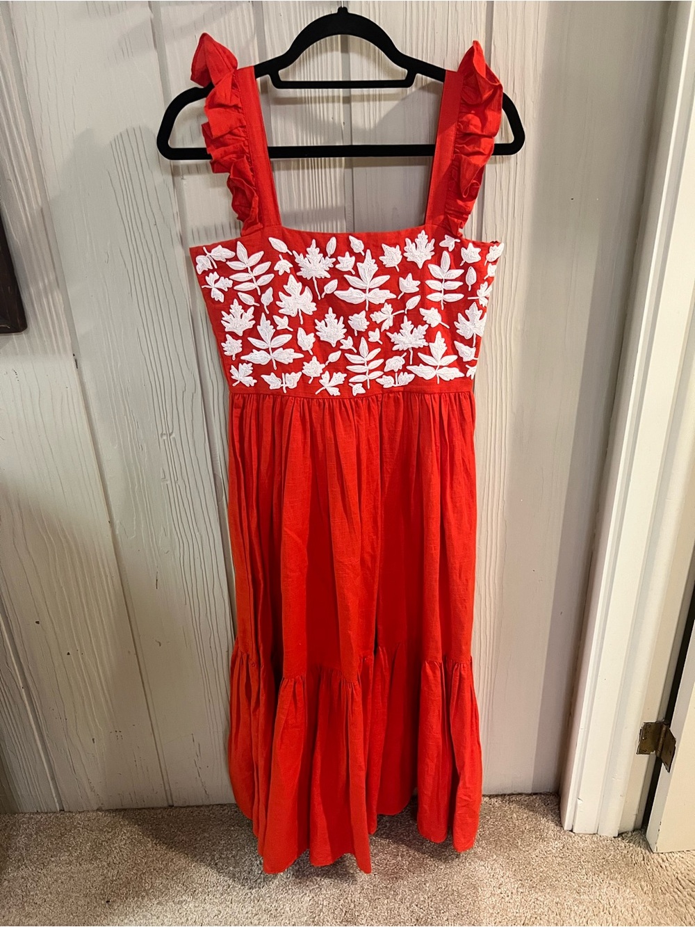 Carolina K red linen midi dress with white embroidery, size S.